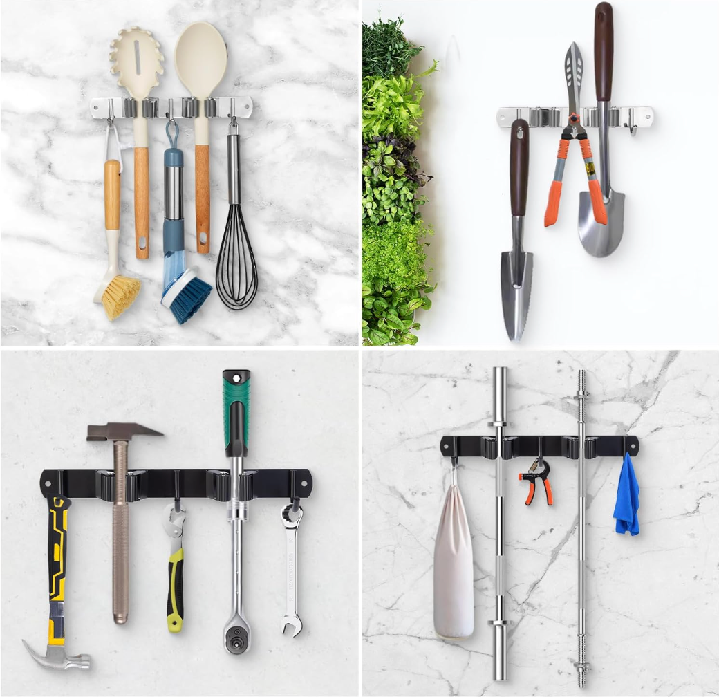 Wall Mounted Stainless Steel Mop Broom Holder (2 Clips And 3 Hooks)