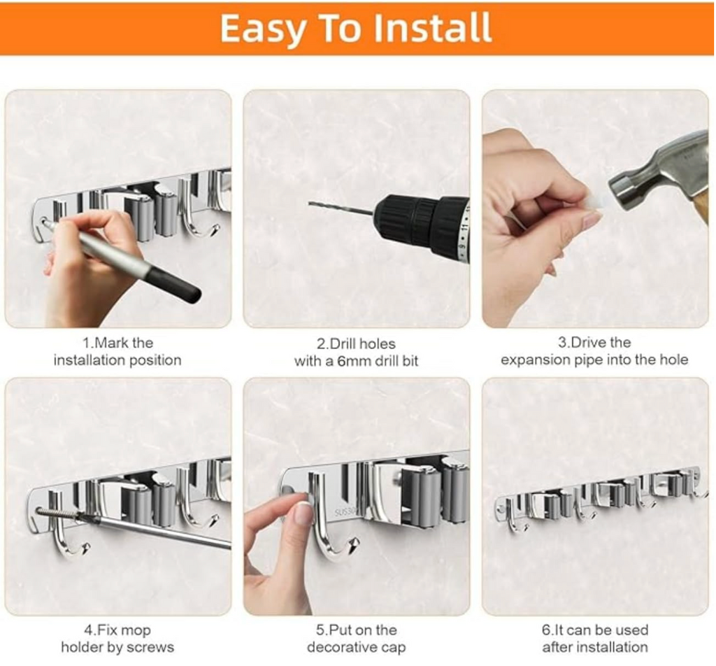 Wall Mounted Stainless Steel Mop Broom Holder (2 Clips And 3 Hooks)
