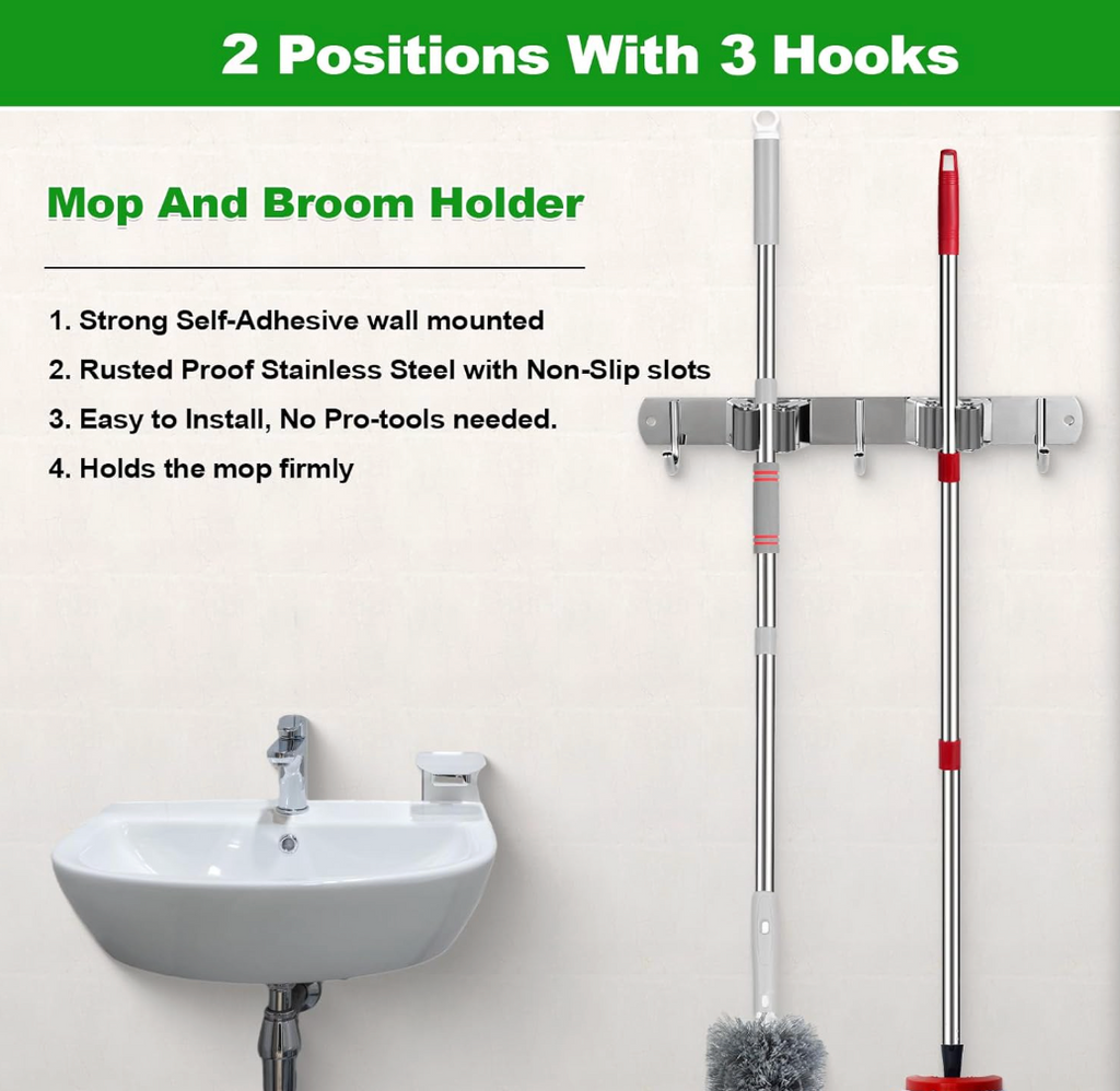 Wall Mounted Stainless Steel Mop Broom Holder (2 Clips And 3 Hooks)