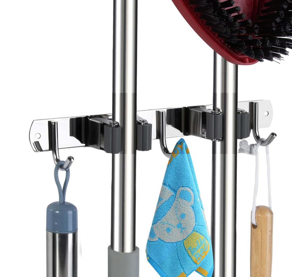 Wall Mounted Stainless Steel Mop Broom Holder (2 Clips And 3 Hooks)