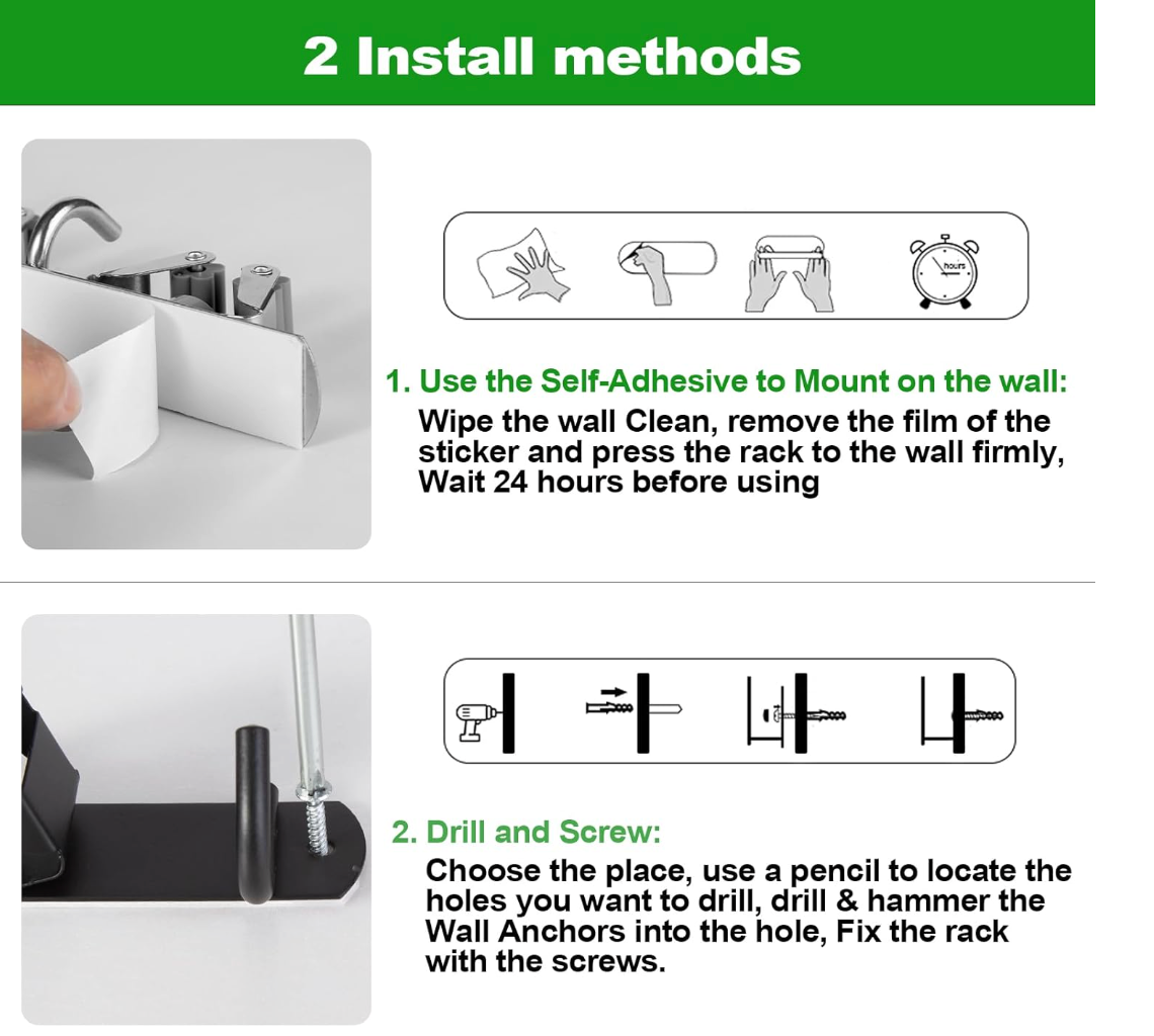 Wall Mounted Stainless Steel Mop Broom Holder (2 Clips And 3 Hooks)