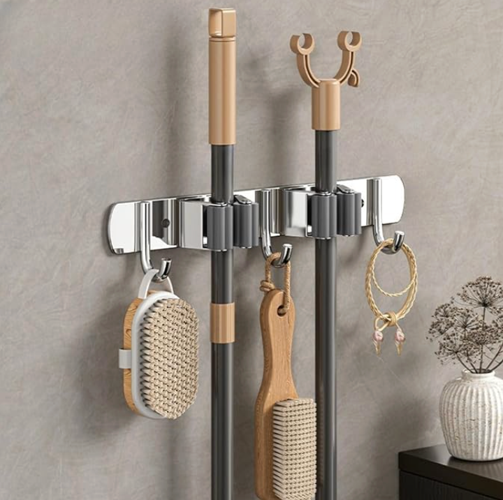 Wall Mounted Stainless Steel Mop Broom Holder (2 Clips And 3 Hooks)