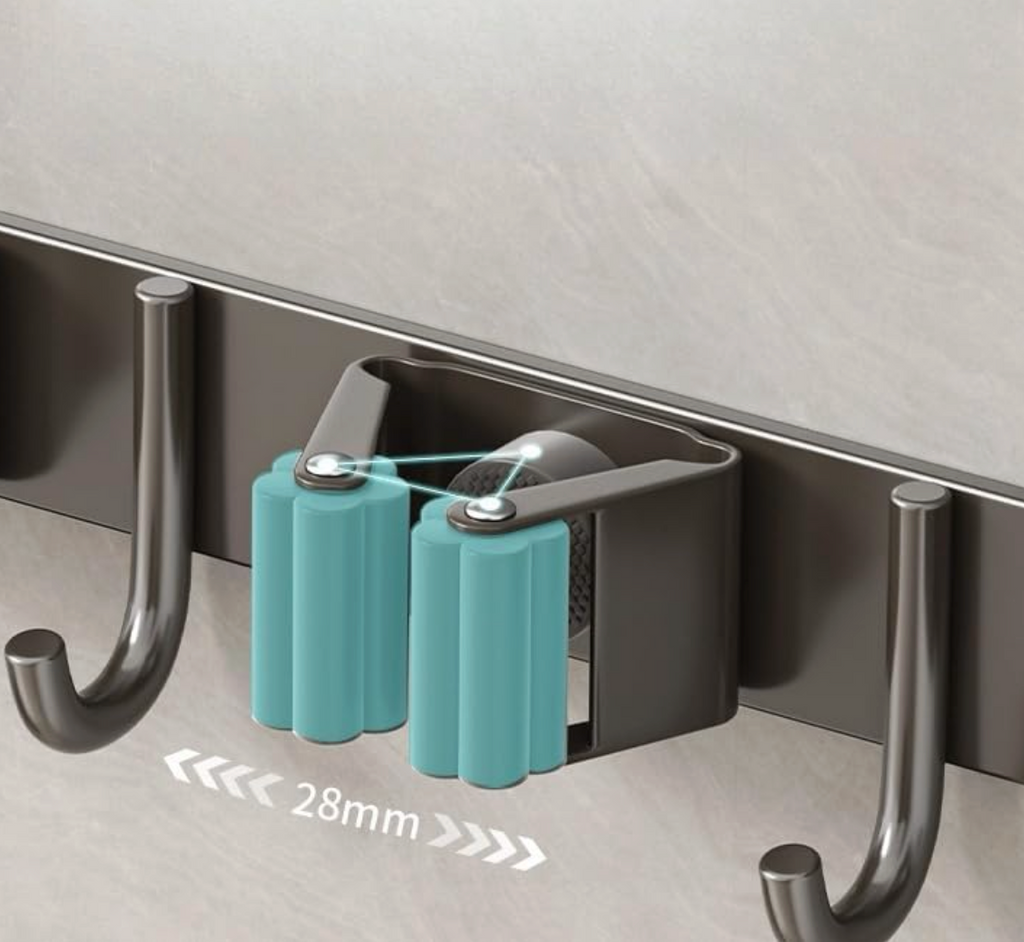 Wall Mounted Stainless Steel Mop Broom Holder (2 Clips And 3 Hooks)